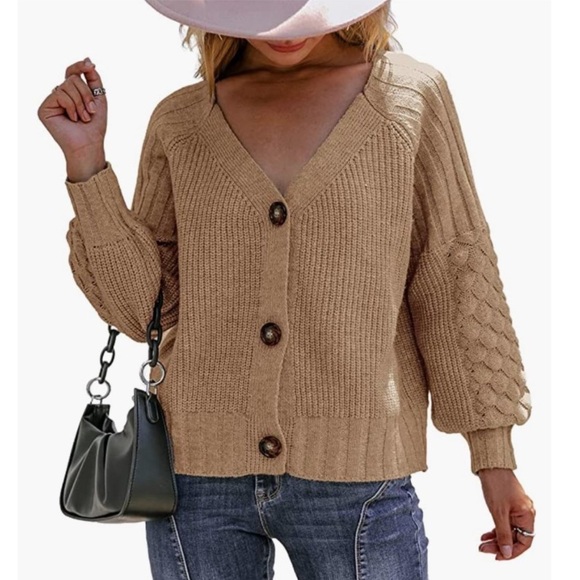 🍂Camel Chunky Cable Knit Button Down Oversized Long Sleeve Sweater Cardigan - Picture 2 of 6